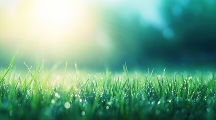 Obraz premium Morning dew on lush grass nature's beauty macro serene environment close-up view freshness concept for seo impact