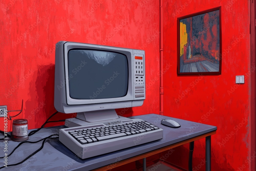 Poster A pixel art computer setup with a glowing monitor, animated keyboard, and colorful desktop icons in retro 8-bit style