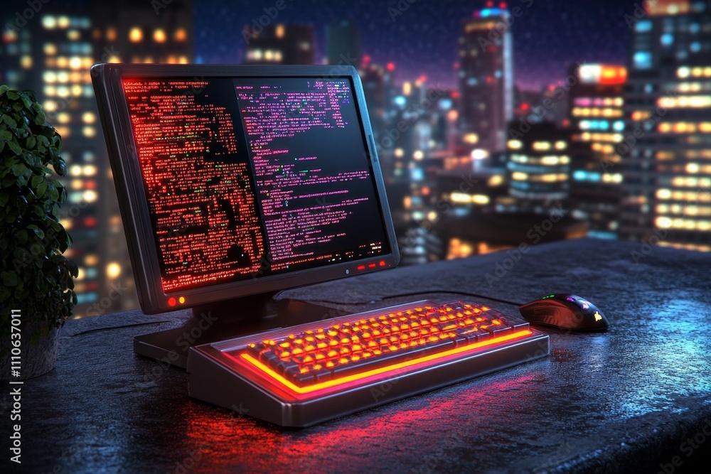Poster A pixel art computer setup with a glowing monitor, animated keyboard, and colorful desktop icons in retro 8-bit style