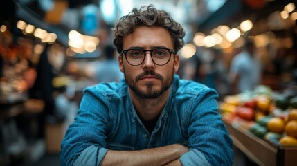Obraz premium Young Man Wearing Glasses Sitting In Market