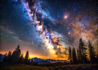 Fototapeta premium Captivating Detail from the Milky Way: A High Depth of Field View Showcasing the Cosmic Splendor of Stars, Nebulae, and Galactic Structures in a Stunning Night Sky
