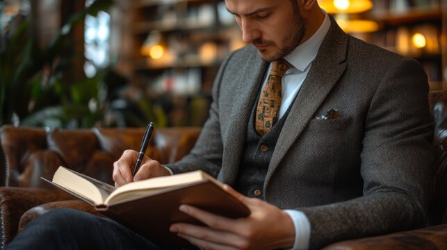 Man in Suit Writes in a Leather Bound Book