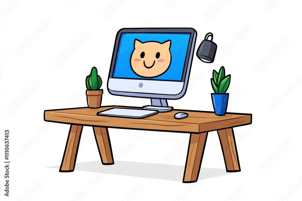 Poster a playful 2d illustration of a computer monitor with a cartoonish smiling face on the screen, drawn 