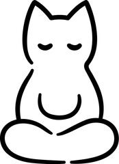 Cat sitting in meditation, simple outline drawing. Cute black and white doodle of kitten meditating in lotus position. Vector clip art illustration.