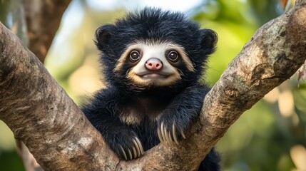 Naklejka premium Adorable Sloth Bear: A sloth bear cub with a sweet face, sitting in a tree with a playful expression.
