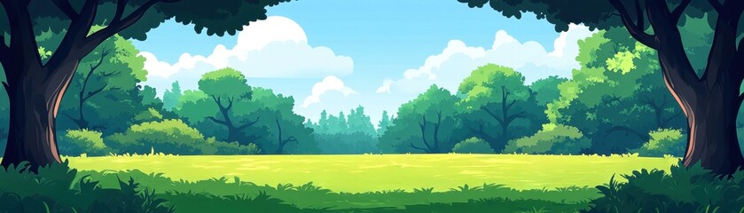 Obraz premium A vibrant green meadow surrounded by trees under a bright blue sky, ideal for outdoor and nature themes.