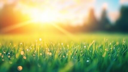 Obraz premium Morning sunlight shining on dewy grass nature scene outdoor environment close-up view serenity of nature