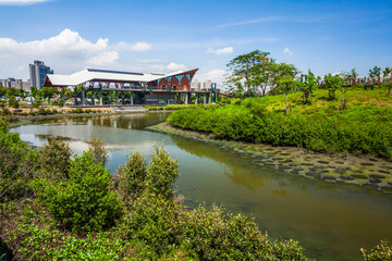 Obraz premium Beautiful view of the Zhongdu Wetlands Park in Kaohsiung, Taiwan. The park is located along the Love River in Kaohsiung.
