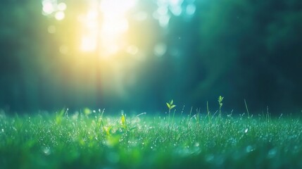 Obraz premium Morning dew on grass nature landscape serenity sunlit forest close-up perspective refreshing calmness for relaxation