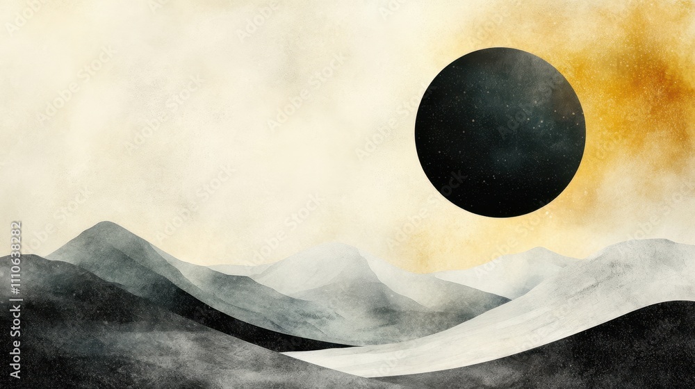 Poster mysterious celestial event casting shadows over tranquil mountain landscape