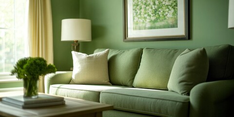 Fototapeta premium A green couch with pillows and a wooden coffee table in front of it