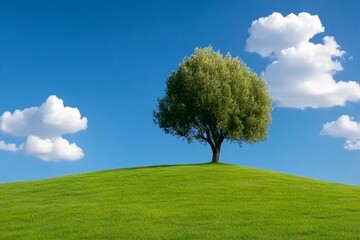A scenic photo of puffy clouds gently drifting above rolling green hills