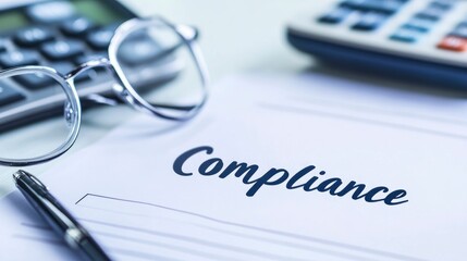 An office desk with the word Compliance written on paper, featuring elements like glasses, pen and culculator