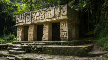 Fototapeta premium Ancient Mayan stone structure nestled in lush jungle, intricate carvings adorn the facade. Explore the mysteries of the past.