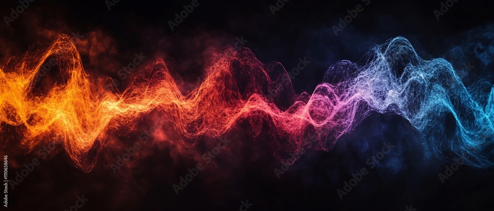Poster captivating visualization of audio waveform with dynamic fiery color gradients and fluid undulating 