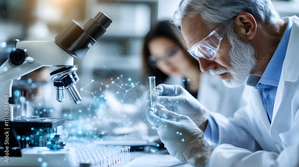 Poster senior scientist analyzing a test tube with a microscope in a modern laboratory for biotechnology re