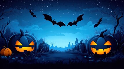 Spooky Halloween scene with glowing pumpkins, bats, and a starry night sky.