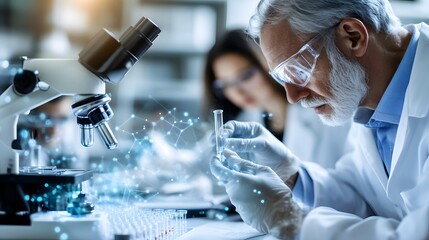 Senior scientist analyzing a test tube with a microscope in a modern laboratory for biotechnology research