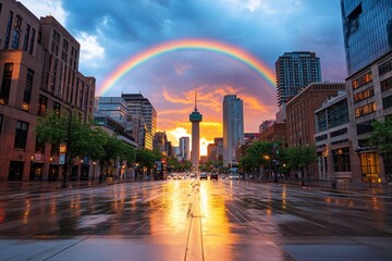 Obraz premium A shot of a rainbow arcing over rainclouds above a bustling city street