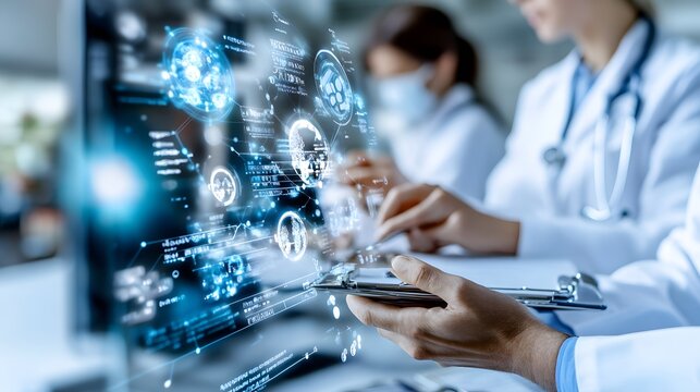 Medical professionals analyzing futuristic digital data on a transparent screen for healthcare research and diagnostics