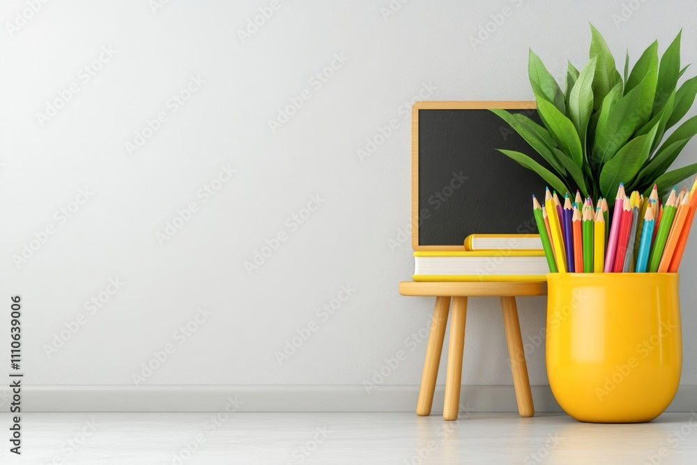 Poster a simple 2d depiction of a teacher desk with a chalkboard behind it, surrounded by colorful statione