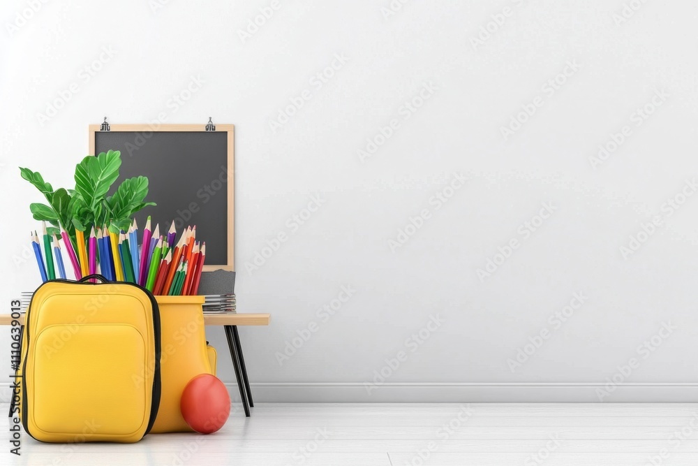 Poster a simple 2d depiction of a teacher desk with a chalkboard behind it, surrounded by colorful statione