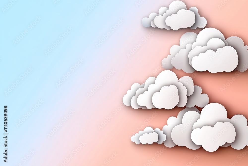 Poster a simple design of layered white and gray clouds in clean geometric shapes, set against a soft gradi