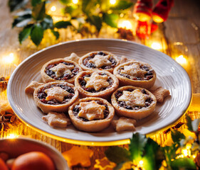 Christmas mince pies sprinkled with icing sugar on a ceramic white plate, focus on the middle, close up view. Traditional British Christmas dessert