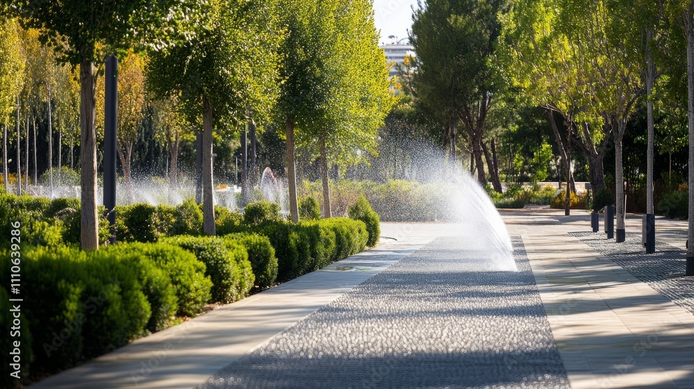 Poster modern irrigation system installed in a public park with rows of shrubs and trees