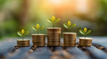 Stock Market Growth Illustrated by Rising Coin Stacks With Fresh Green Leaves