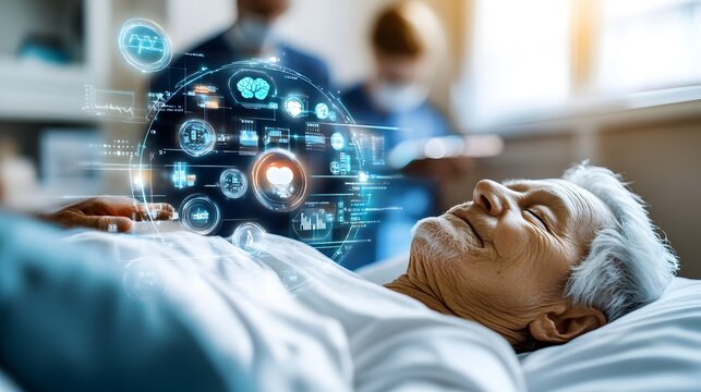 Elderly patient in hospital bed with holographic medical interface showcasing health data and advanced healthcare monitoring - Powered by Adobe