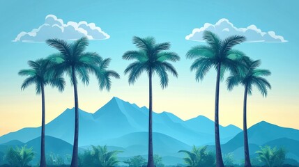 Tropical landscape with palm trees and mountains under a blue sky during sunset.