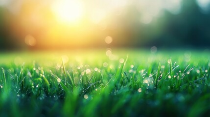 Obraz premium Morning dew on lush grass backyard nature tranquil environment close-up serenity and renewal