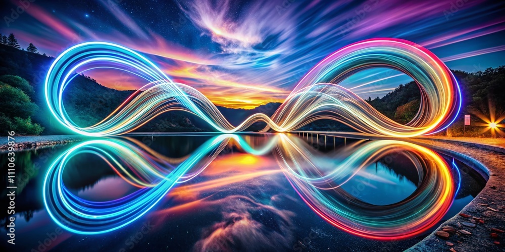 Poster captivating double exposure photography with light effects: twirling white trails and circular line 