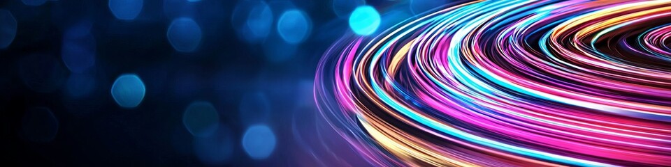 Colorful light trails swirl against a dark backdrop, creating a vibrant and dynamic atmosphere.