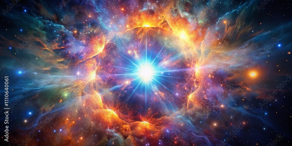 Poster captivating drone photography of a star explosion in deep space, vivid colors and dynamic patterns, 