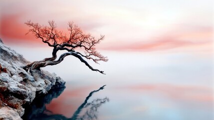 Obraz premium Lonely tree on tranquil water's edge, soft pastel sky reflections, serene landscape.