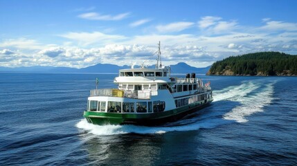 Obraz premium The green and white ferry glides through the vast, open blue waters against a backdrop of lush, forested islands and a sky filled with fluffy clouds.