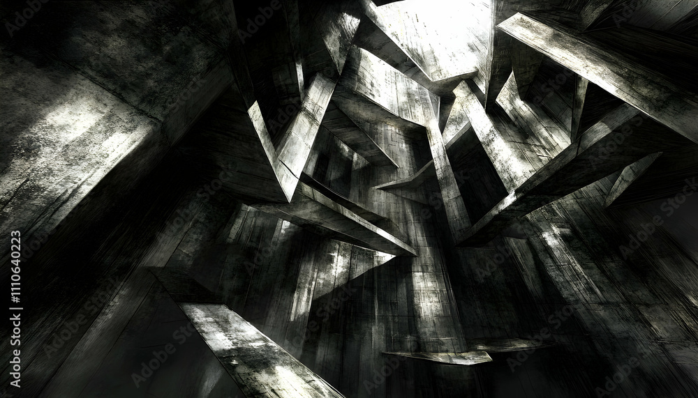 Aufkleber Abstract grayscale image of a complex concrete structure, showcasing intersecting beams and shadows, evoking a sense of depth and mystery within a modern architectural design.