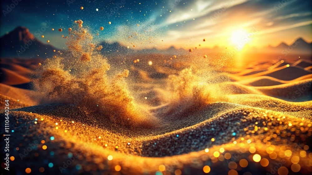 Poster captivating drone photography of macro sand dust particles floating in sunlight, perfect for overlay
