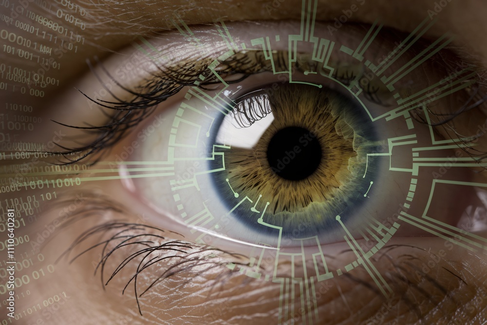 Poster digital eye: close-up of a human eye overlaid with futuristic circuit patterns, symbolizing technolo