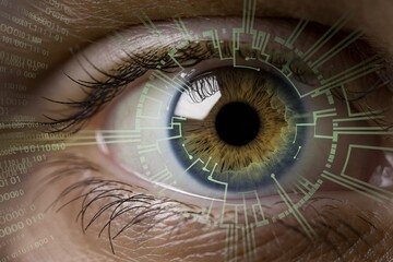 Digital Eye: Close-up of a human eye overlaid with futuristic circuit patterns, symbolizing technological integration, data processing, and the convergence of humanity and artificial intelligence.  