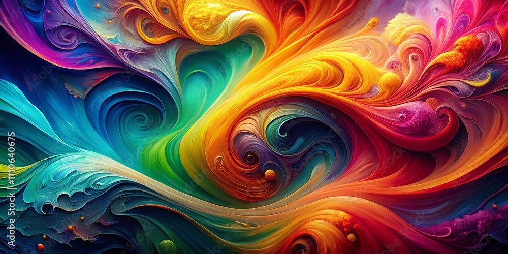 Poster Captivating Fantasy Abstract Background of Mixed Color Paints with Vibrant Swirls and Patterns, Perfect for Creative Projects and Visual Inspirations, Featuring Right-Aligned Main Subject 