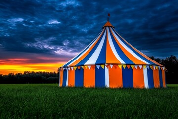 A vibrant circus tent at sunset, with colorful flags fluttering in the breeze and performers preparing for the show
