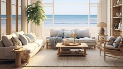A photo of a coastal-inspired living room with beach