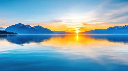 Fototapeta premium Stunning sunset over tranquil lake with mountains, reflecting vibrant colors on the calm water surface.