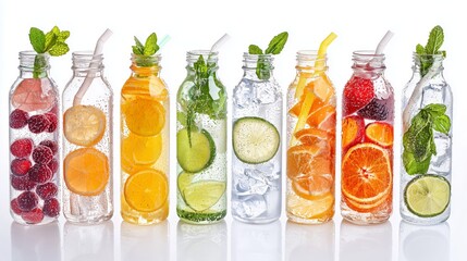Refreshing Infused Water Bottles Displayed in a Row for Healthy Living