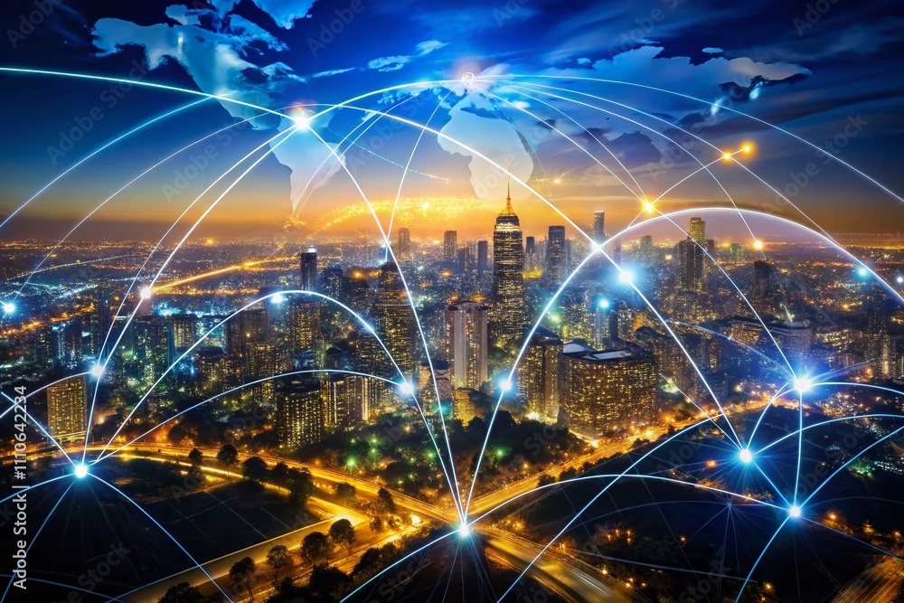 Poster captivating global network connection showcasing glowing city lights and interconnected lines across