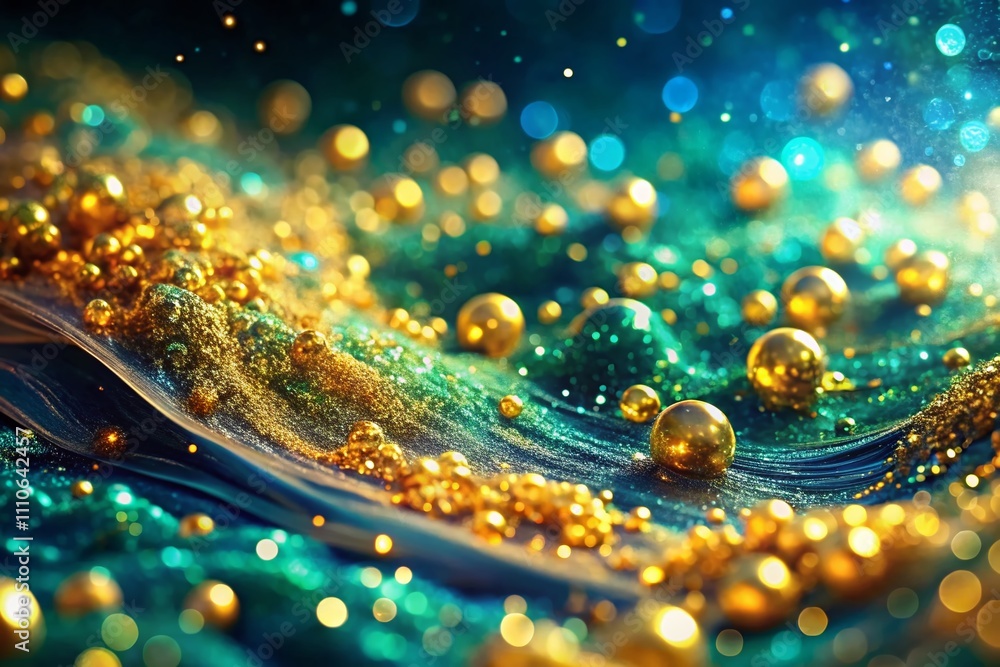 Poster captivating golden particles dancing in blue fluid: a mesmerizing display of sparkling dust and fant