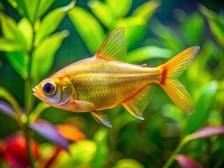 Fototapeta premium Captivating Golden Tetra Swimming Gracefully in a Vibrant Aquatic Environment with Lush Greenery and Crystal-Clear Water, Showcasing the Beauty of Tropical Freshwater Fish
